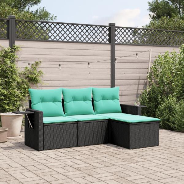 ARDEBO.de - 4-teiliges Gartensofa-Set mit Kissen, schwarzes Polyrattan
