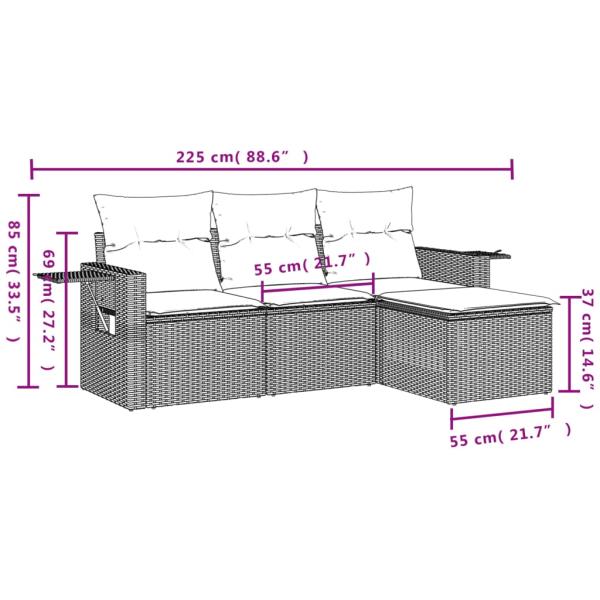 4-teiliges Gartensofa-Set mit Kissen, schwarzes Polyrattan