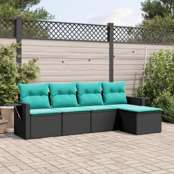 ARDEBO.de - 5-teiliges Gartensofa-Set mit Kissen, schwarzes Polyrattan