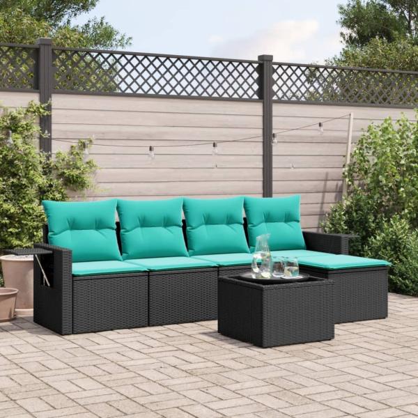 ARDEBO.de - 6-teiliges Gartensofa-Set mit Kissen, schwarzes Polyrattan