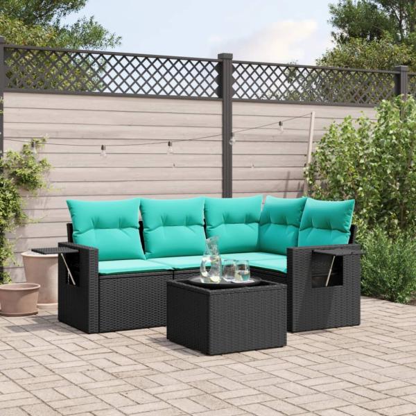 ARDEBO.de - 5-teiliges Gartensofa-Set mit Kissen, schwarzes Polyrattan