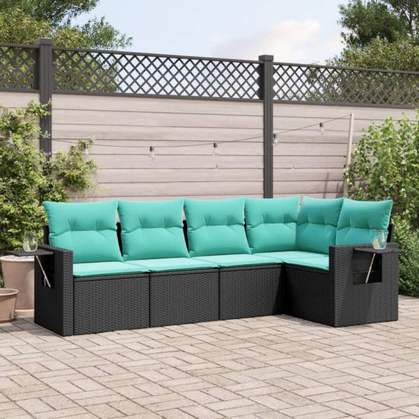 ARDEBO.de - 5-teiliges Gartensofa-Set mit Kissen, schwarzes Polyrattan