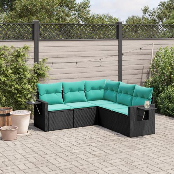 ARDEBO.de - 5-teiliges Gartensofa-Set mit Kissen, schwarzes Polyrattan