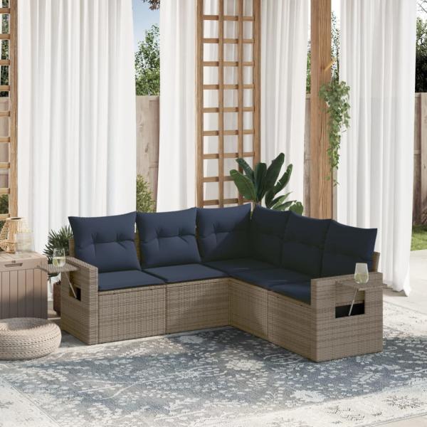 ARDEBO.de - 5-teiliges Gartensofa-Set mit Kissen, grau, Polyrattan