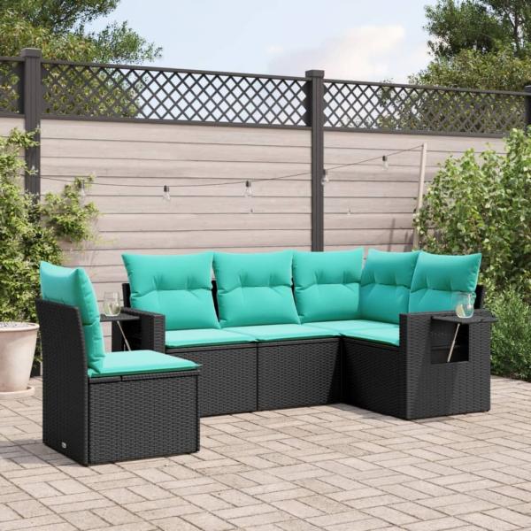 ARDEBO.de - 5-teiliges Gartensofa-Set mit Kissen, schwarzes Polyrattan