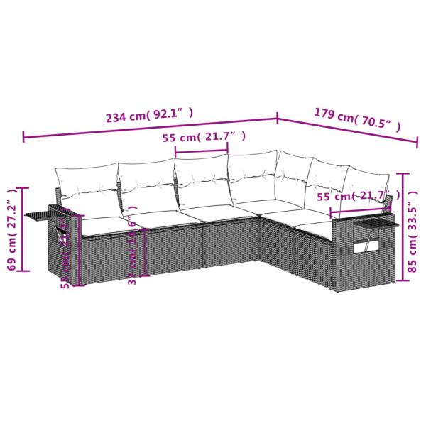 6-teiliges Gartensofa-Set mit Kissen, schwarzes Polyrattan