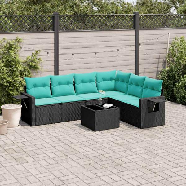 ARDEBO.de - 7-teiliges Gartensofa-Set mit Kissen, schwarzes Polyrattan