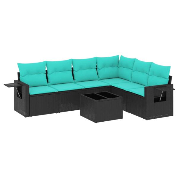 7-teiliges Gartensofa-Set mit Kissen, schwarzes Polyrattan