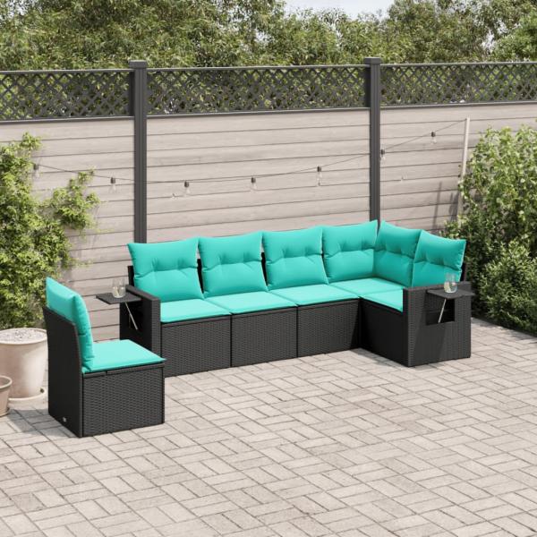 ARDEBO.de - 6-teiliges Gartensofa-Set mit Kissen, schwarzes Polyrattan