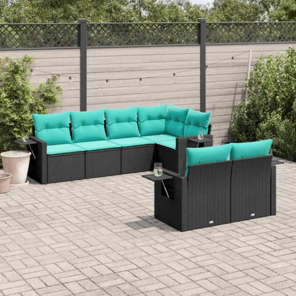 ARDEBO.de - 7-teiliges Gartensofa-Set mit Kissen, schwarzes Polyrattan