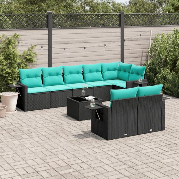 ARDEBO.de - 9-teiliges Gartensofa-Set mit Kissen, schwarzes Polyrattan