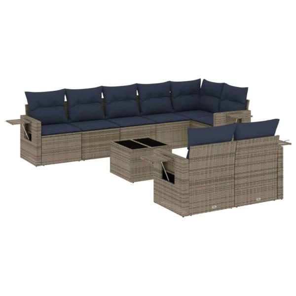 9-teiliges Gartensofa-Set mit Kissen, grau, Polyrattan