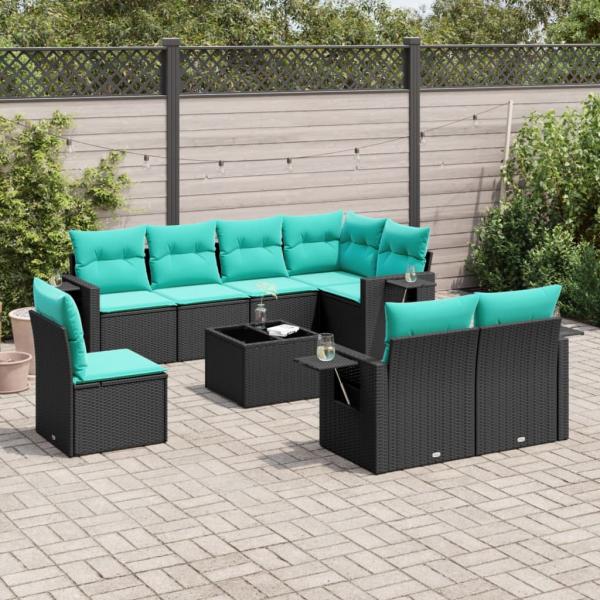 ARDEBO.de - 9-teiliges Gartensofa-Set mit Kissen, schwarzes Polyrattan