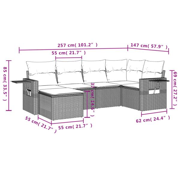 6-teiliges Gartensofa-Set mit Kissen, grau, Polyrattan