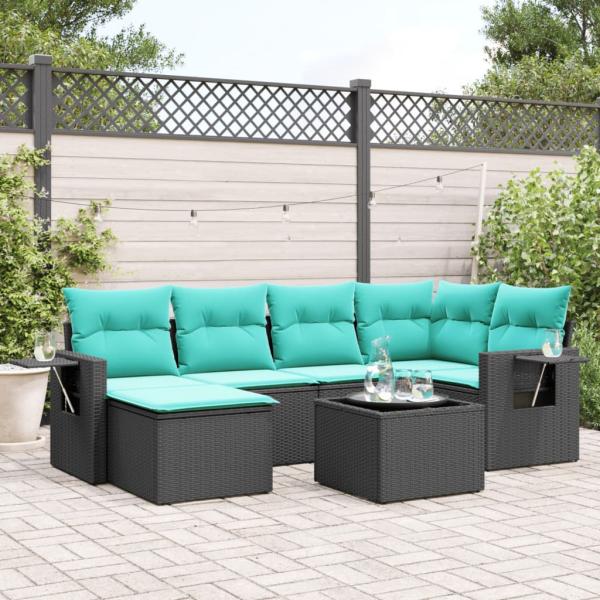 ARDEBO.de - 7-teiliges Gartensofa-Set mit Kissen, schwarzes Polyrattan