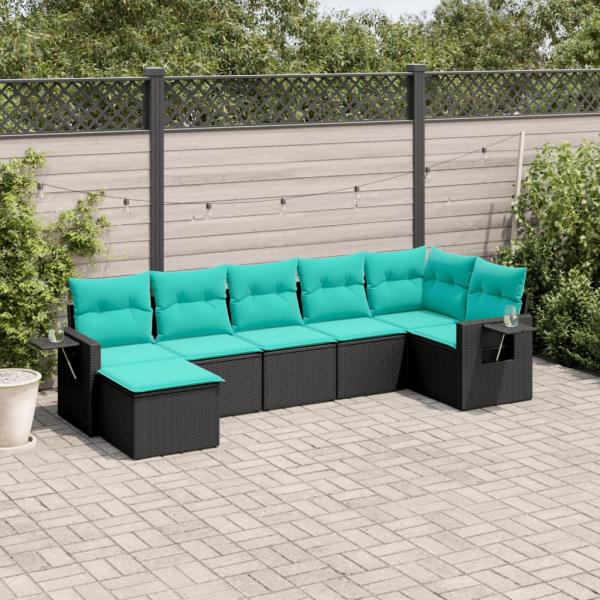 ARDEBO.de - 7-teiliges Gartensofa-Set mit Kissen, schwarzes Polyrattan