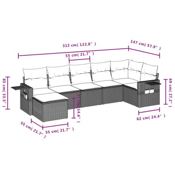7-teiliges Gartensofa-Set mit Kissen, braun, Polyrattan
