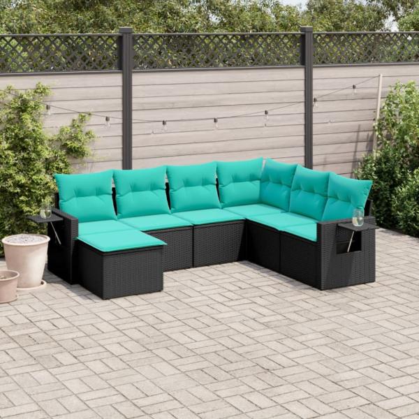 ARDEBO.de - 7-teiliges Gartensofa-Set mit Kissen, schwarzes Polyrattan