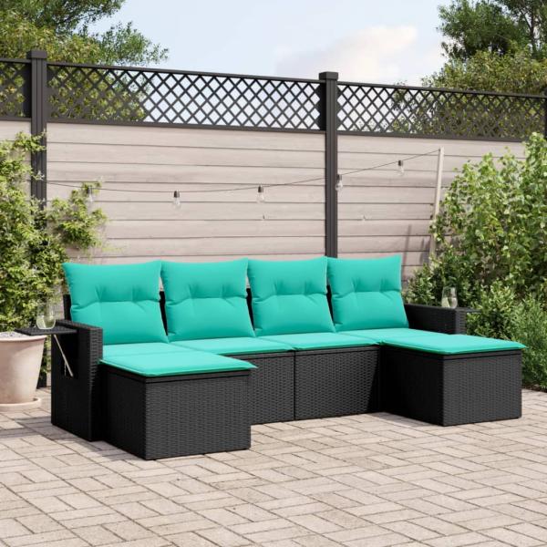 ARDEBO.de - 6-teiliges Gartensofa-Set mit Kissen, schwarzes Polyrattan
