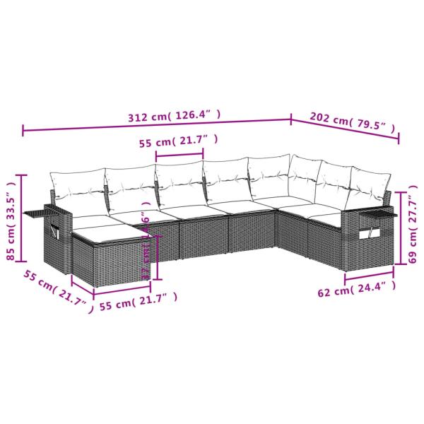 8-teiliges Gartensofa-Set mit Kissen, grau, Polyrattan
