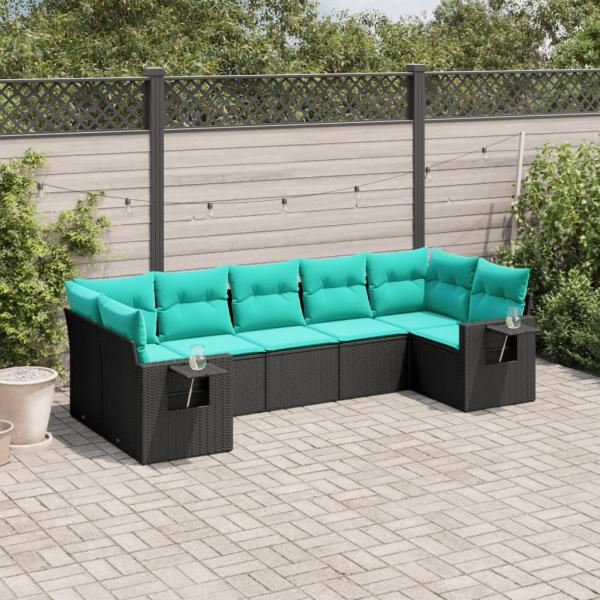 ARDEBO.de - 7-teiliges Gartensofa-Set mit Kissen, schwarzes Polyrattan