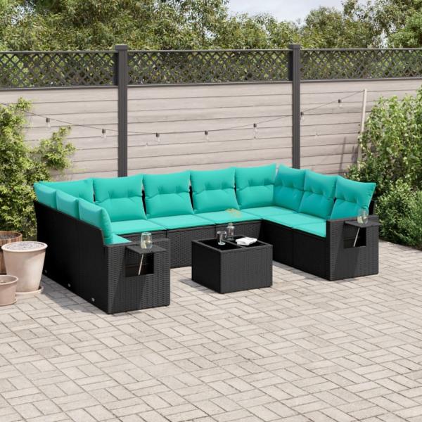 ARDEBO.de - 10-teiliges Gartensofa-Set mit Kissen, schwarzes Polyrattan