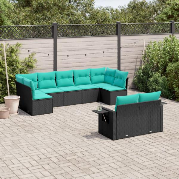 ARDEBO.de - 9-teiliges Gartensofa-Set mit Kissen, schwarzes Polyrattan