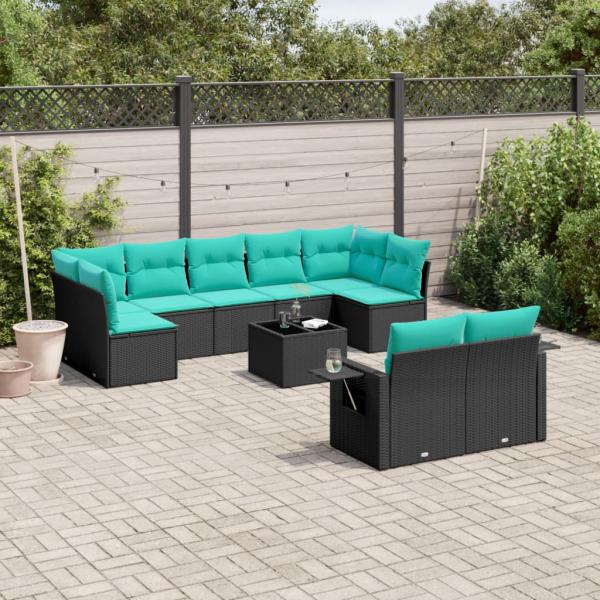 ARDEBO.de - 10-teiliges Gartensofa-Set mit Kissen, schwarzes Polyrattan