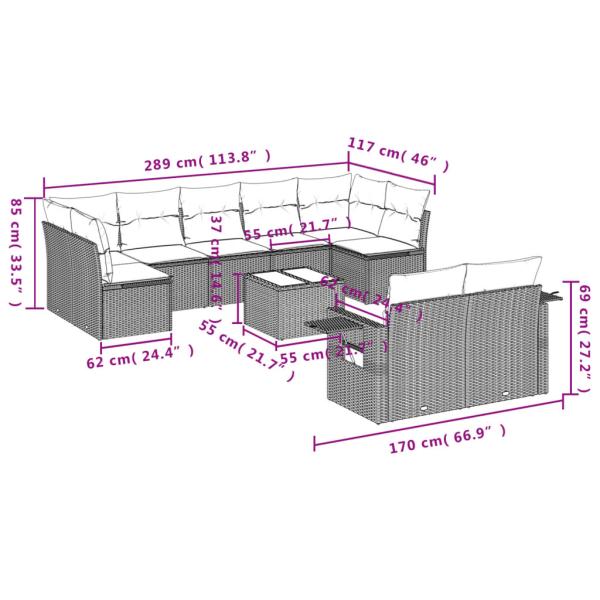 10-teiliges Gartensofa-Set mit Kissen, schwarzes Polyrattan