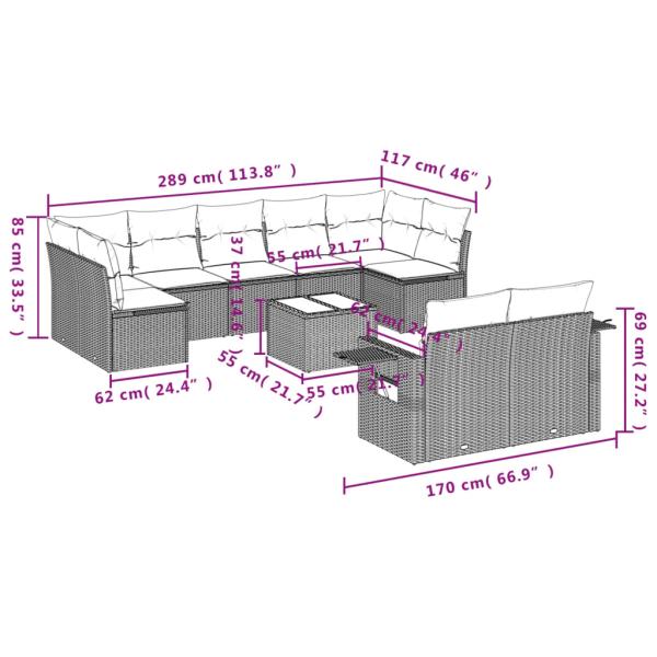 10-teiliges Gartensofa-Set mit Kissen, grau, Polyrattan