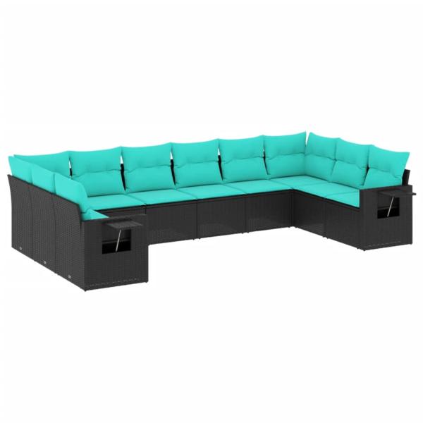 10-teiliges Gartensofa-Set mit Kissen, schwarzes Polyrattan