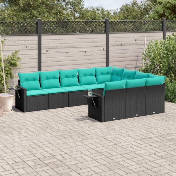 ARDEBO.de - 10-teiliges Gartensofa-Set mit Kissen, schwarzes Polyrattan