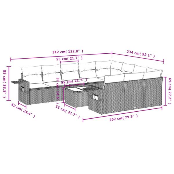 11-teiliges Gartensofa-Set mit Kissen, schwarzes Polyrattan