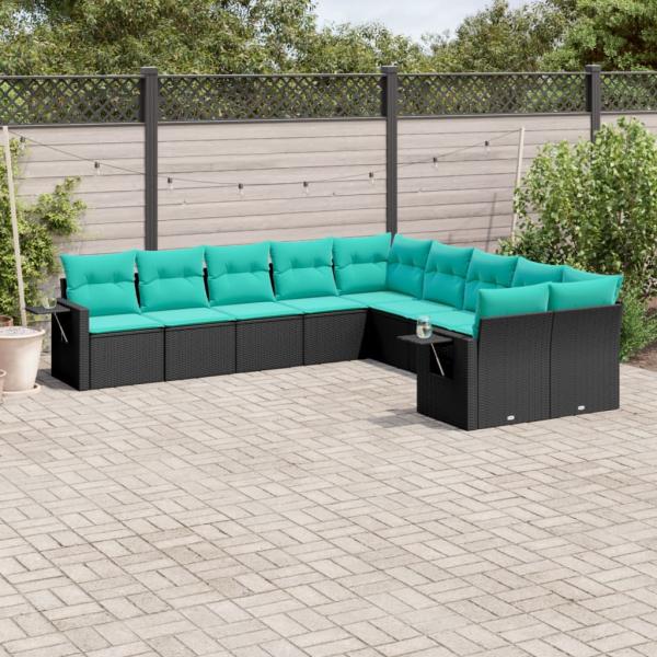 ARDEBO.de - 10-teiliges Gartensofa-Set mit Kissen, schwarzes Polyrattan