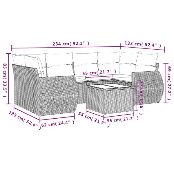 7-teiliges Gartensofa-Set mit Kissen, braun, Polyrattan