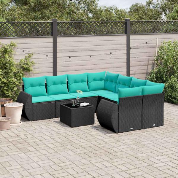 ARDEBO.de - 9-teiliges Gartensofa-Set mit Kissen, schwarzes Polyrattan