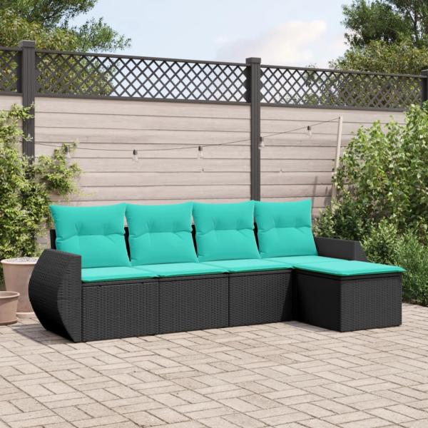 ARDEBO.de - 5-teiliges Gartensofa-Set mit Kissen, schwarzes Polyrattan