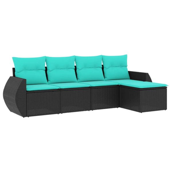 5-teiliges Gartensofa-Set mit Kissen, schwarzes Polyrattan