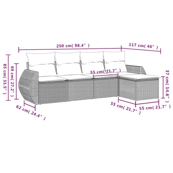 5-teiliges Gartensofa-Set mit Kissen, braun, Polyrattan
