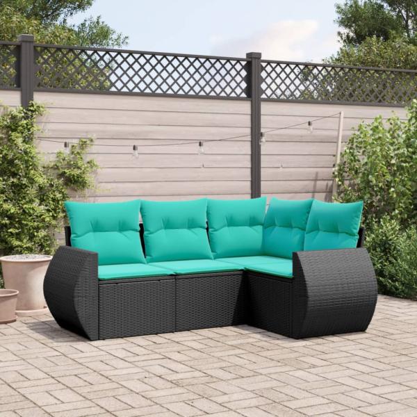 ARDEBO.de - 4-teiliges Gartensofa-Set mit Kissen, schwarzes Polyrattan