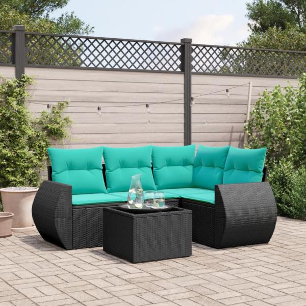 ARDEBO.de - 5-teiliges Gartensofa-Set mit Kissen, schwarzes Polyrattan