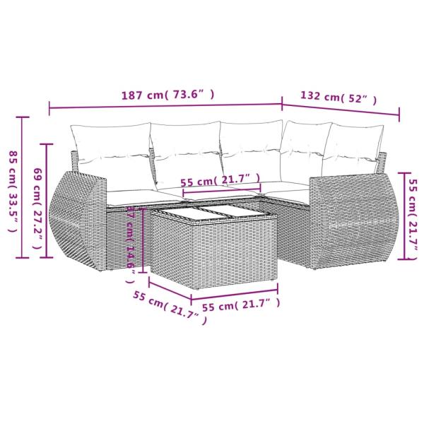 5-teiliges Gartensofa-Set mit Kissen, grau, Polyrattan