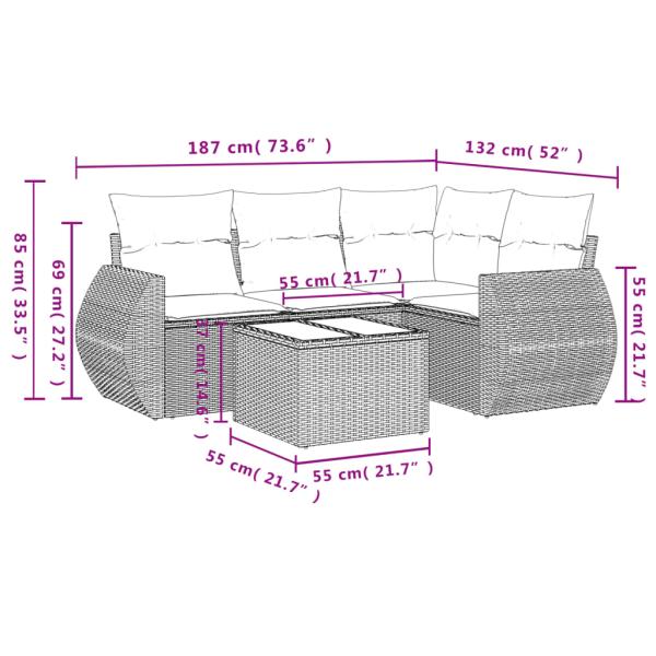 5-teiliges Gartensofa-Set mit Kissen, braun, Polyrattan