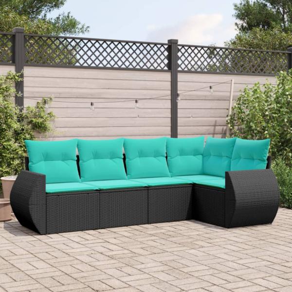 ARDEBO.de - 5-teiliges Gartensofa-Set mit Kissen, schwarzes Polyrattan