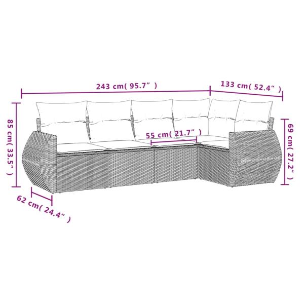 5-teiliges Gartensofa-Set mit Kissen, grau, Polyrattan