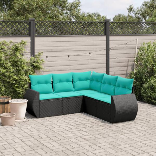 ARDEBO.de - 5-teiliges Gartensofa-Set mit Kissen, schwarzes Polyrattan