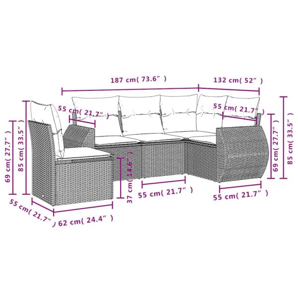 5-teiliges Gartensofa-Set mit Kissen, braun, Polyrattan