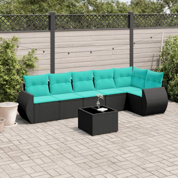 ARDEBO.de - 7-teiliges Gartensofa-Set mit Kissen, schwarzes Polyrattan