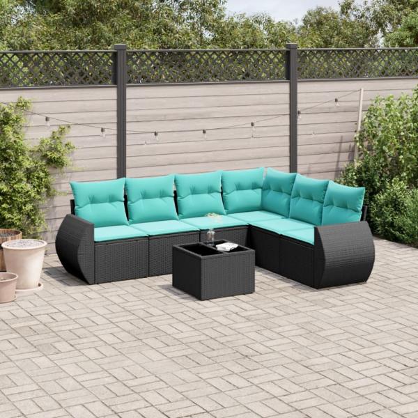 ARDEBO.de - 7-teiliges Gartensofa-Set mit Kissen, schwarzes Polyrattan
