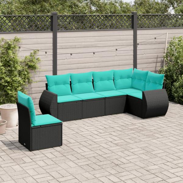 ARDEBO.de - 6-teiliges Gartensofa-Set mit Kissen, schwarzes Polyrattan